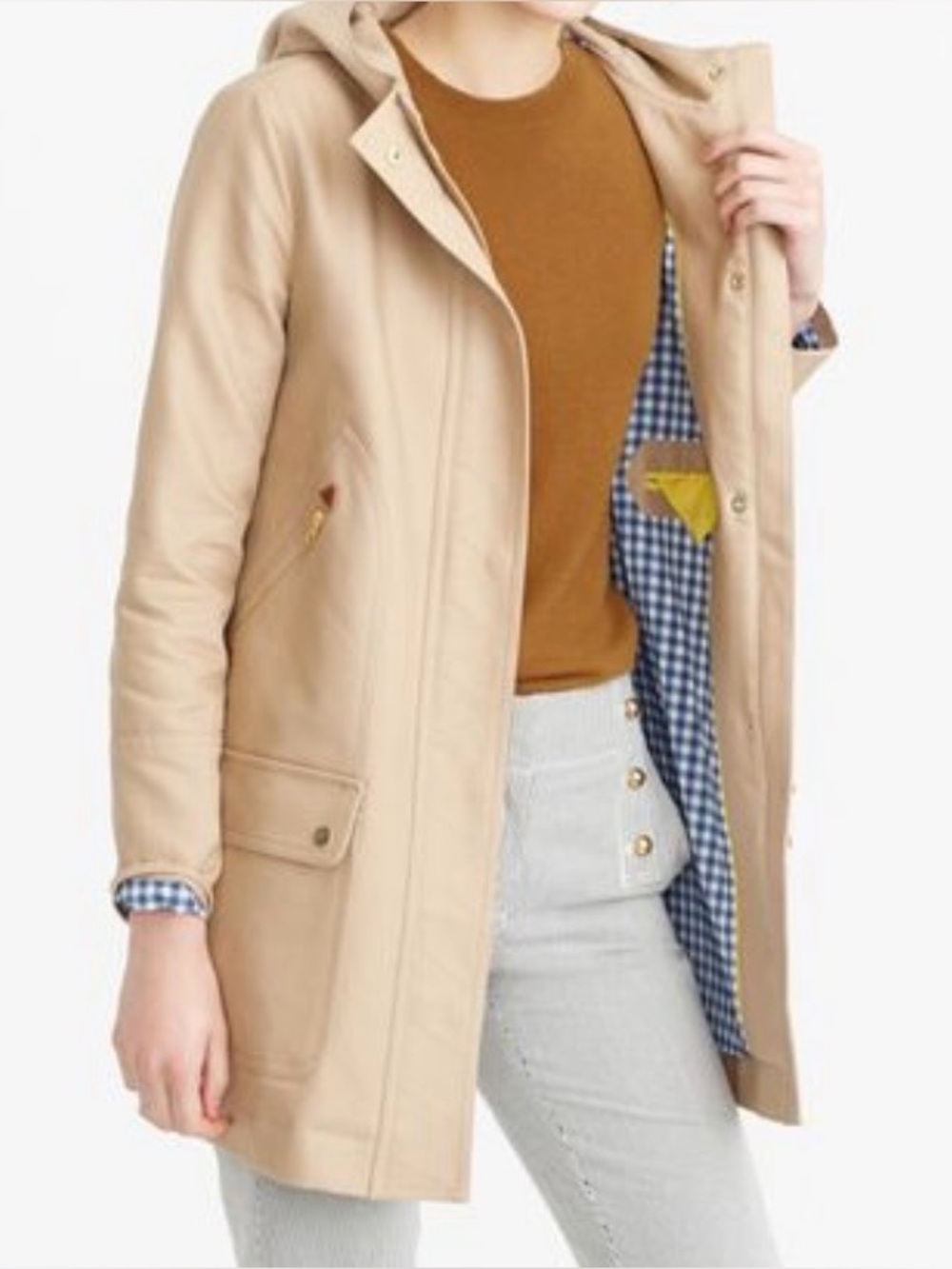 J. Crew Beige Trench Coat with Navy Gingham Lining